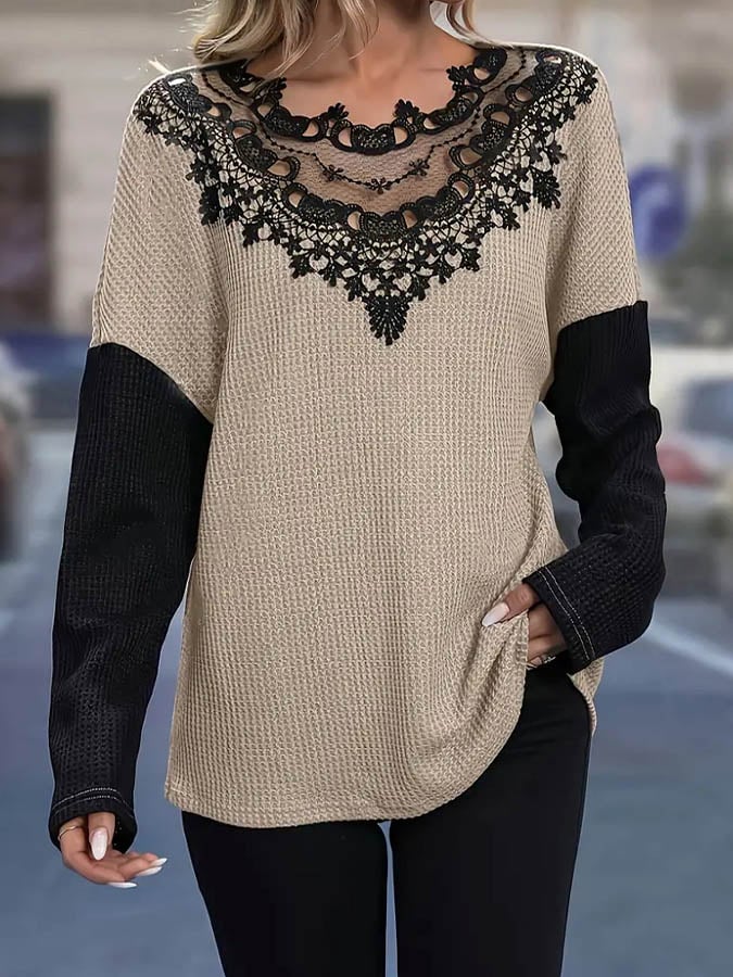 Warmer Damen Waffelstrick Pullover mit Spitze Winter Beige