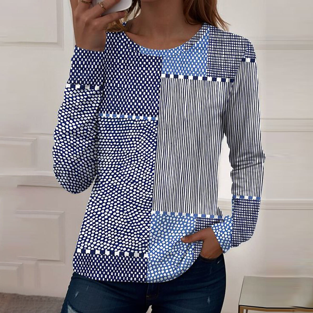 Winter Longsleeve blau-weiß gestreift – warm & elegant