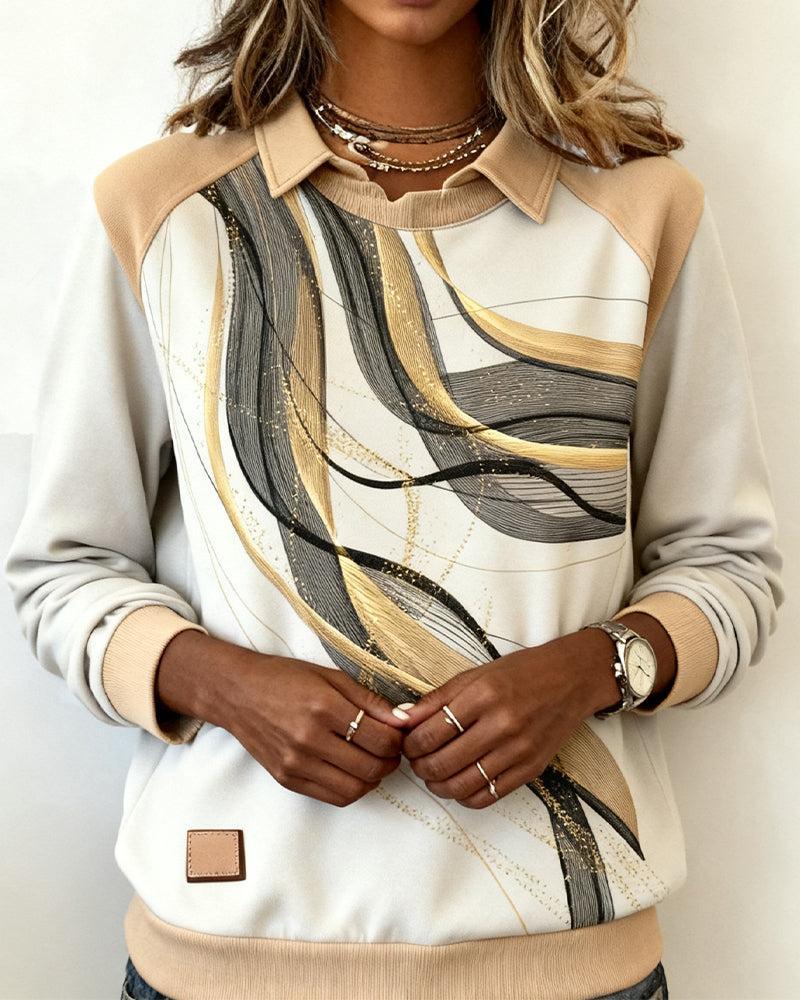 Winter Longsleeve Pullover mit abstraktem Wave-Print Creme