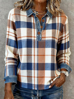 Damen Karo Winterhemd warmes Casual Shirt mit Denimkragen