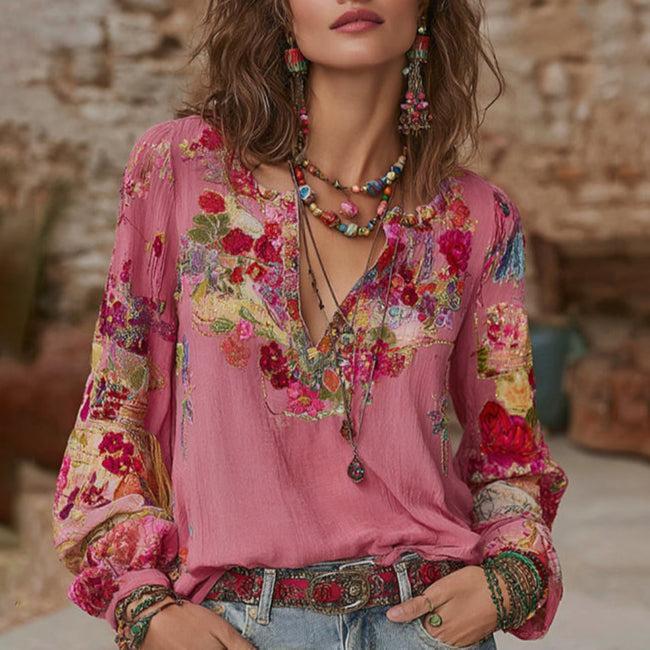 Boho Winterbluse floral rosé mit V-Ausschnitt und Langarm