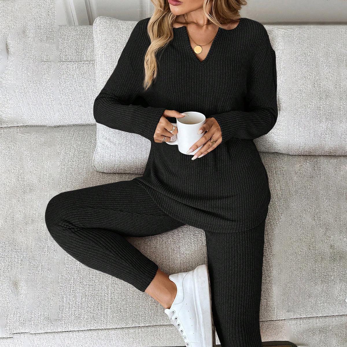 Winter Loungewear Set Damen Schwarz – Warmes Rib Two Piece