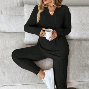 Winter Loungewear Set Damen Schwarz – Warmes Rib Two Piece