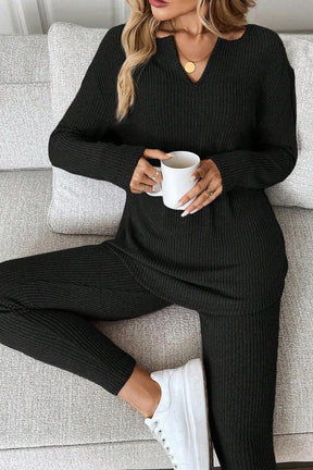 Winter Loungewear Set Damen Schwarz – Warmes Rib Two Piece