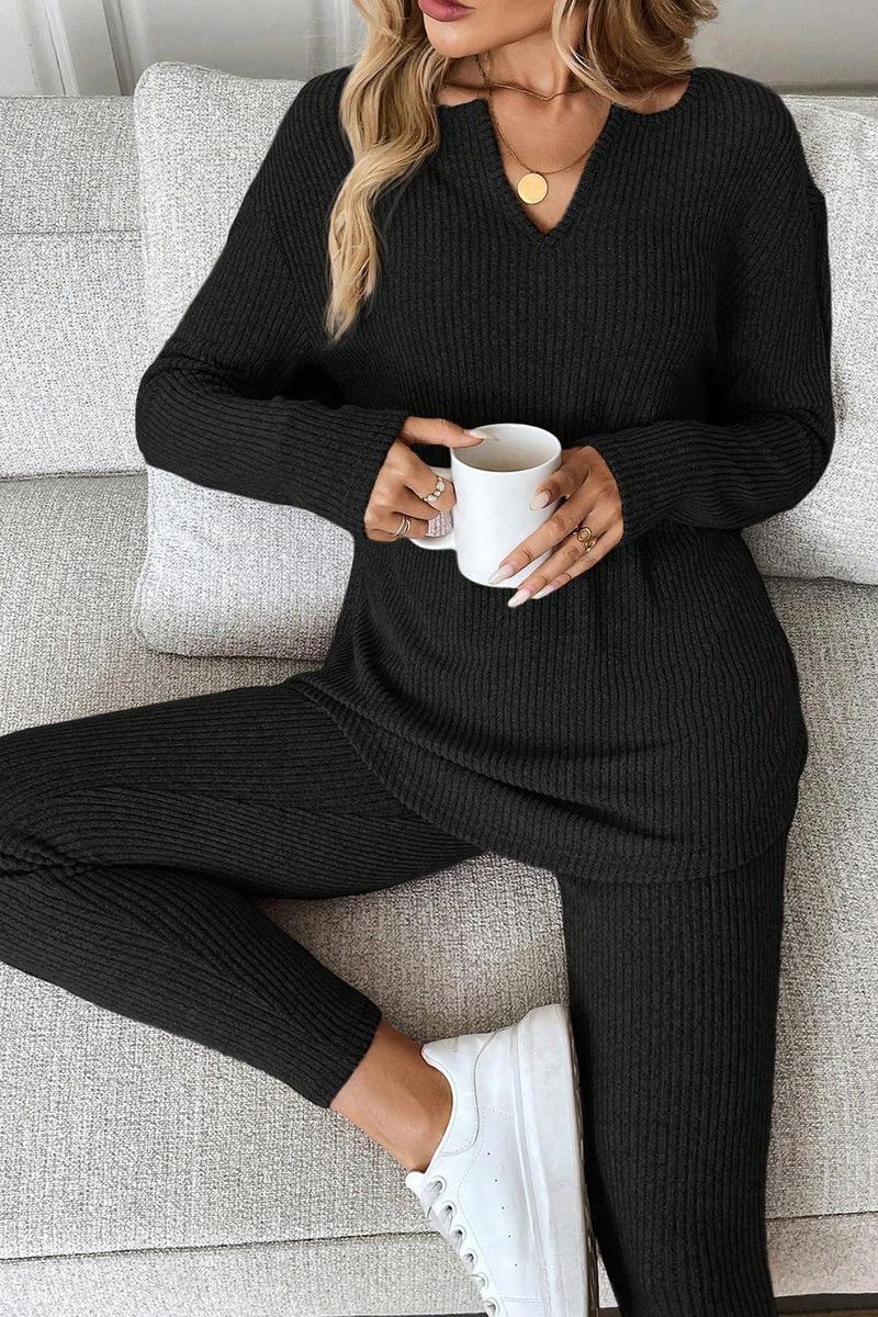 Winter Loungewear Set Damen Schwarz – Warmes Rib Two Piece