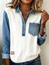 Winter Damen Denim Patchwork Longsleeve Top casual warm