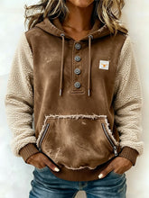 Gefütterter Damen Hoodie Winter Teddy Patchwork Braun