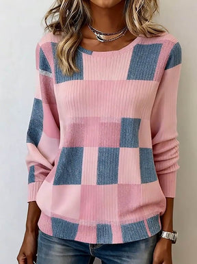Kuscheliger Winter Damen Pullover rosa-blau Patchwork Rundhals