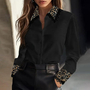 Elegantes Winter Damenhemd Schwarz mit Leopardkragen