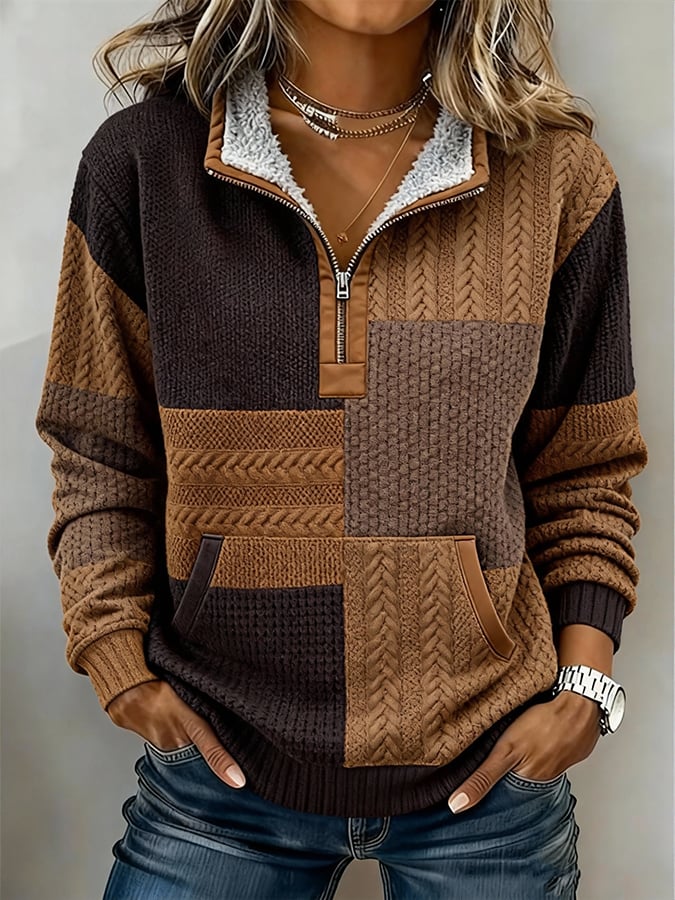 Damen Sherpa Winter Pullover mit Kragen Patchwork Braun