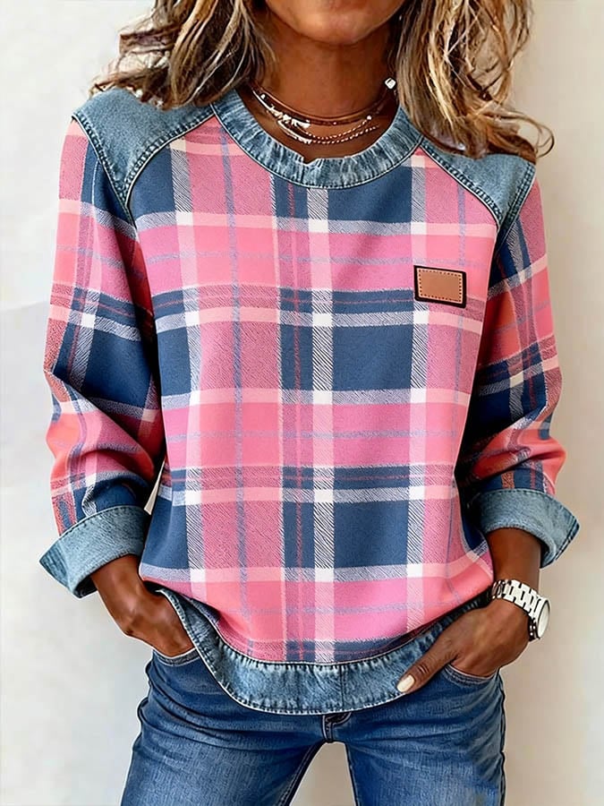 Kuscheliges Karo Sweatshirt Damen Winter Casual Denim Look