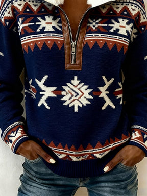 Damen Winter Fleece Pullover mit Stehkragen Ethno Dunkelblau