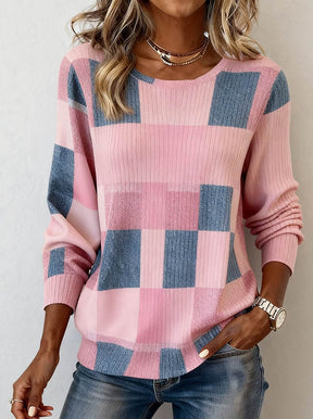 Kuscheliger Winter Damen Pullover rosa-blau Patchwork Rundhals