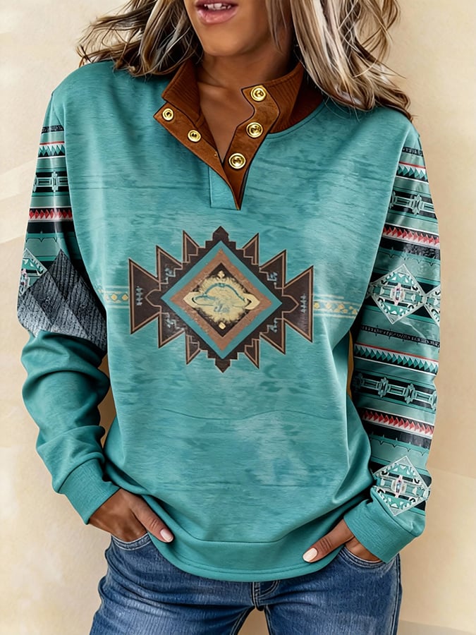 Boho Winter Sweatshirt Türkis mit Ethno Print und Stehkragen