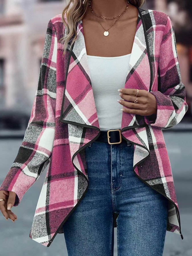 Winter Karo Cardigan Damen Wasserfalljacke Braun Schwarz