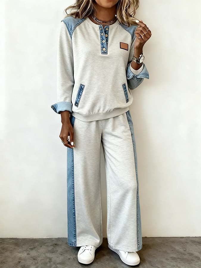 Winter Damen Zweiteiler Cozy Streetstyle Anzug grau-blau