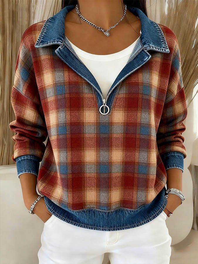 Karo Winter Sweatshirt Damen warm mit Denim Look Zipper