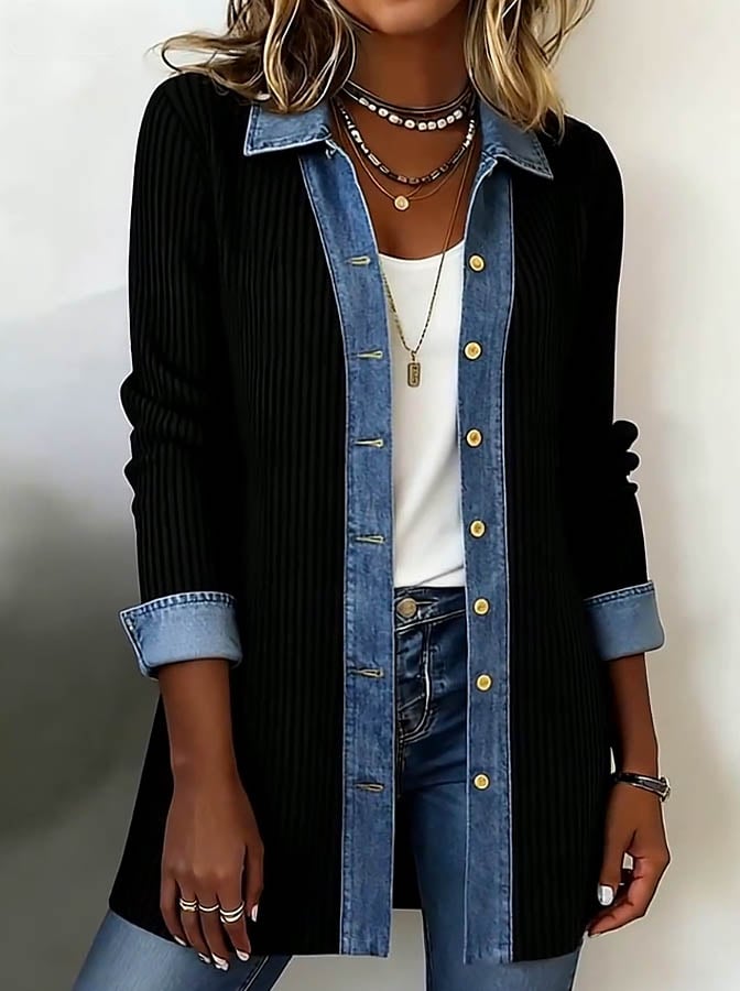 Winter Damen Patchwork Jacket schwarz Denim warm casual