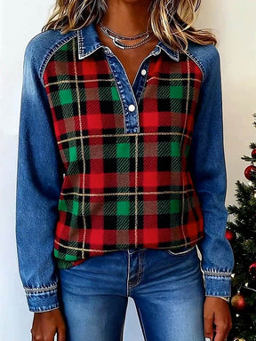Weihnachtliches Karo Damen Shirt Winter Top im Denim-Look