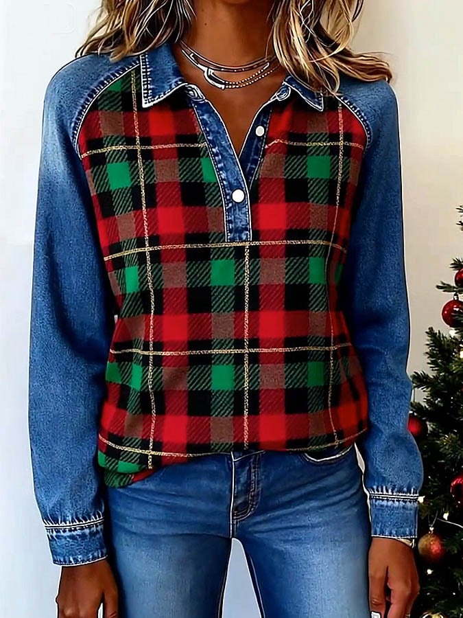 Weihnachtliches Karo Damen Shirt Winter Top im Denim-Look