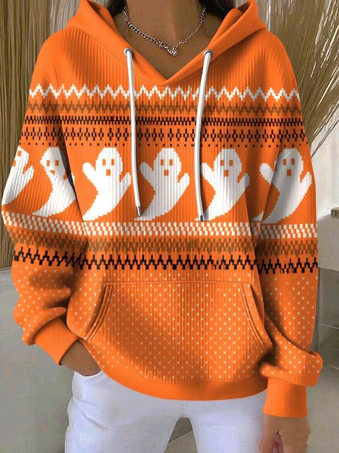 Kuscheliger Winter Hoodie Orange mit Geister Print Damen