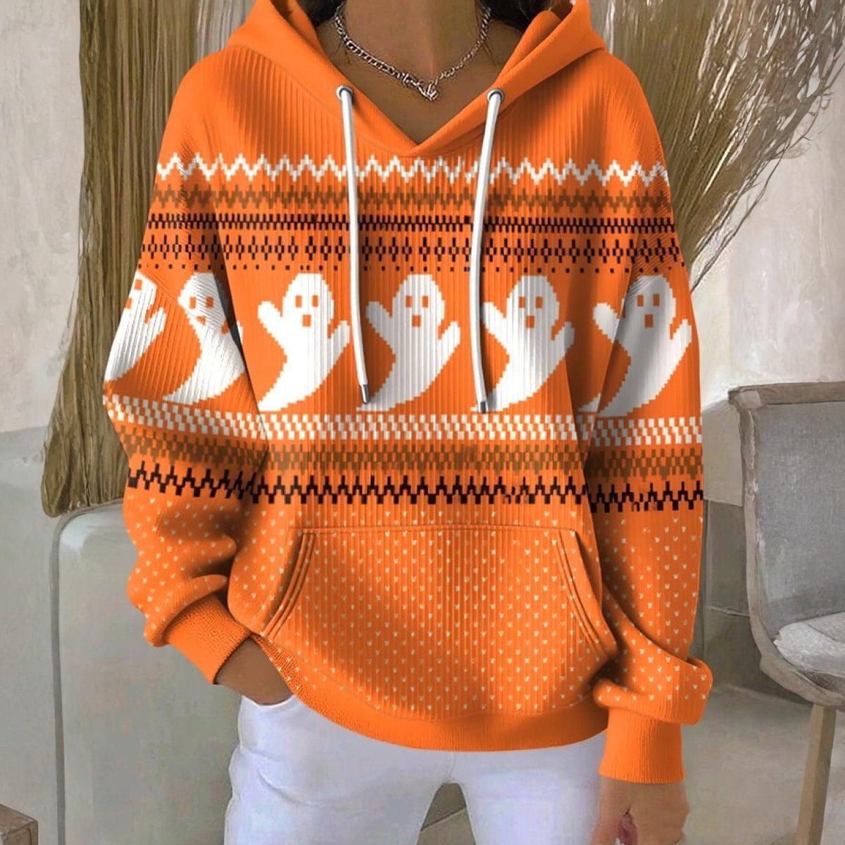 Kuscheliger Winter Hoodie Orange mit Geister Print Damen