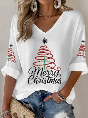 Weißes Weihnachts V-Neck Shirt mit Baumprint für Winter