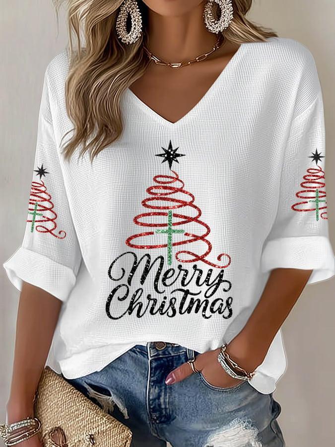 Weißes Weihnachts V-Neck Shirt mit Baumprint für Winter