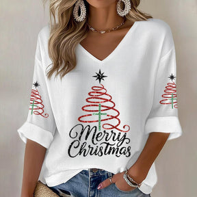 Weißes Weihnachts V-Neck Shirt mit Baumprint für Winter
