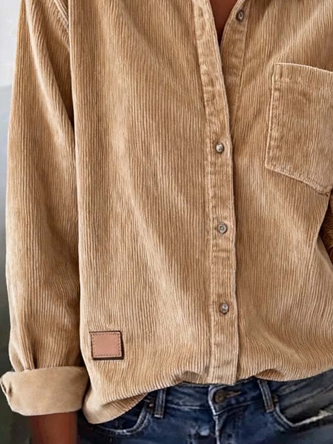Damen Cordhemd Beige Winter Oversize Warm Casual Shirt