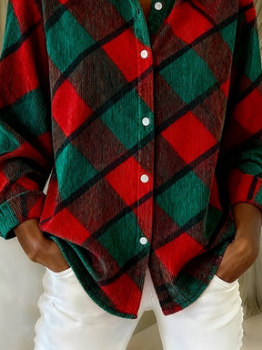 Damen Winter Karohemd Weihnachten Rot Grün Oversize Shirt