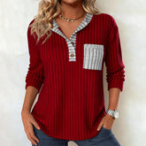 Winter Damen Longsleeve Rot Grau V-Ausschnitt Color Block