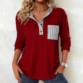 Winter Damen Longsleeve Rot Grau V-Ausschnitt Color Block