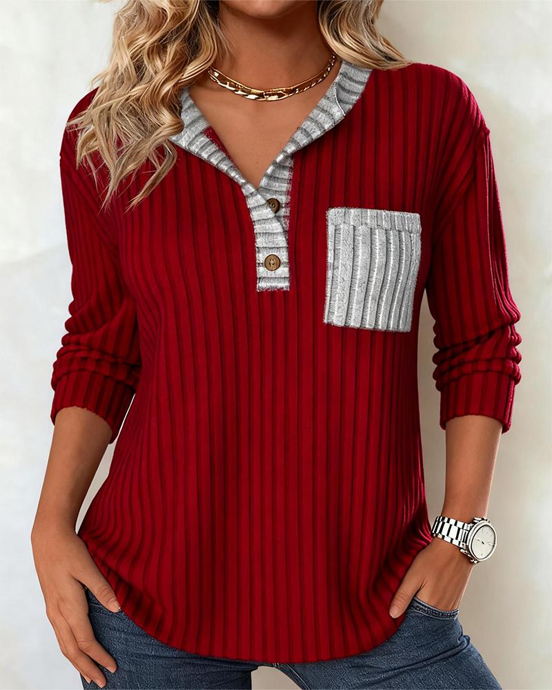 Winter Damen Longsleeve Rot Grau V-Ausschnitt Color Block