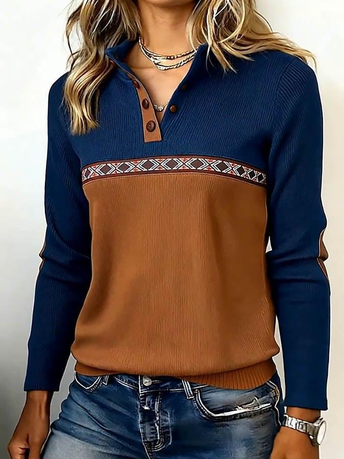 Winter Longsleeve Navy-Braun mit Ethno-Dekor und Patches