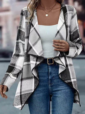 Winter Karo Cardigan Damen Wasserfalljacke Braun Schwarz