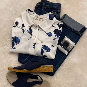 Winter Damen Hemd warmweiß mit blauem Blumenprint Langarm