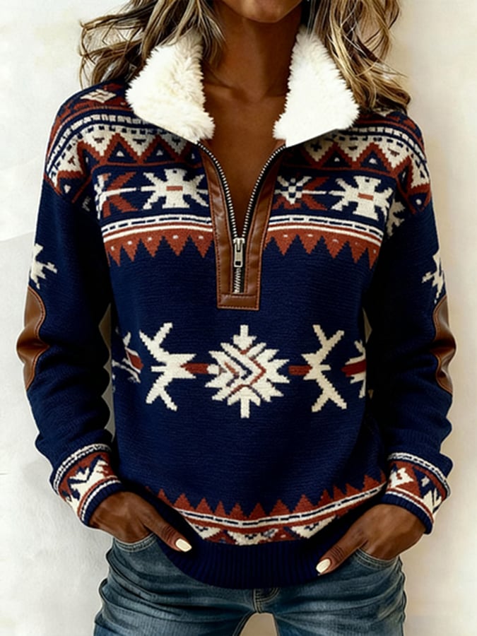 Damen Winter Fleece Pullover mit Stehkragen Ethno Dunkelblau