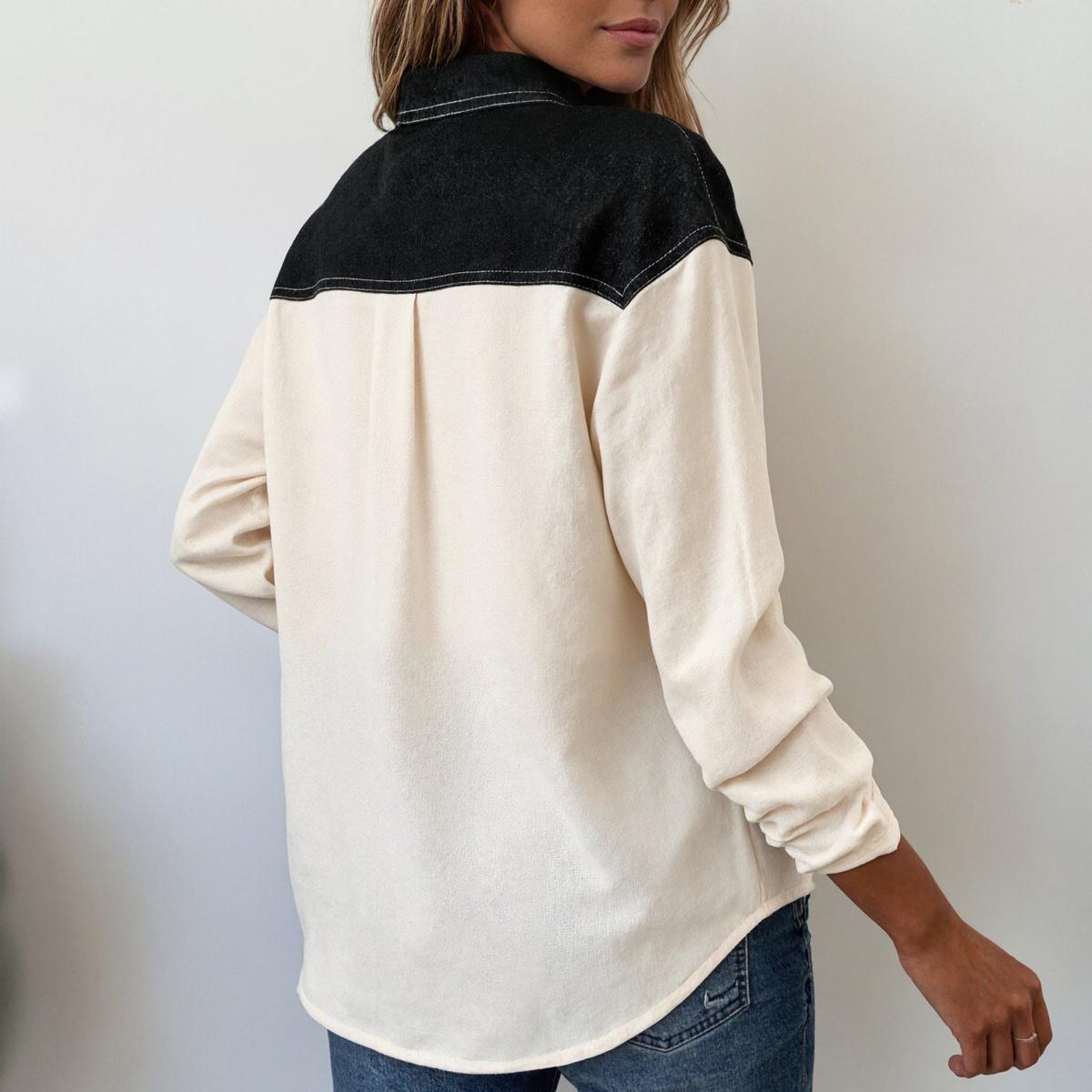 Winter Damen Color Block Longsleeve Top creme schwarz