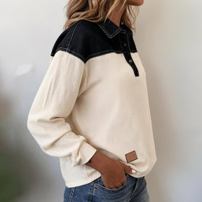 Winter Damen Color Block Longsleeve Top creme schwarz