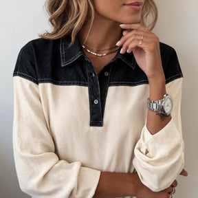 Winter Damen Color Block Longsleeve Top creme schwarz