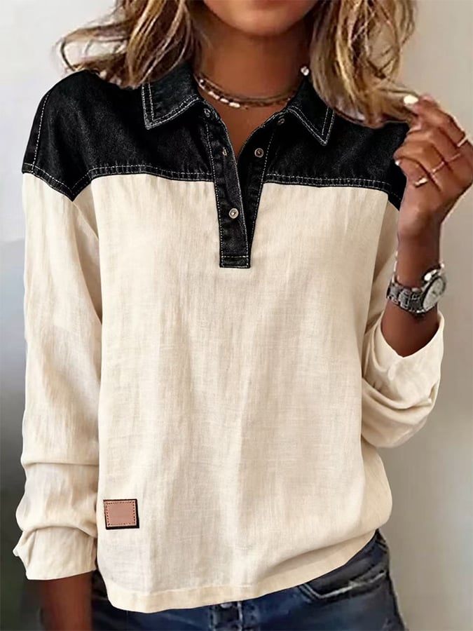 Winter Damen Color Block Longsleeve Top creme schwarz