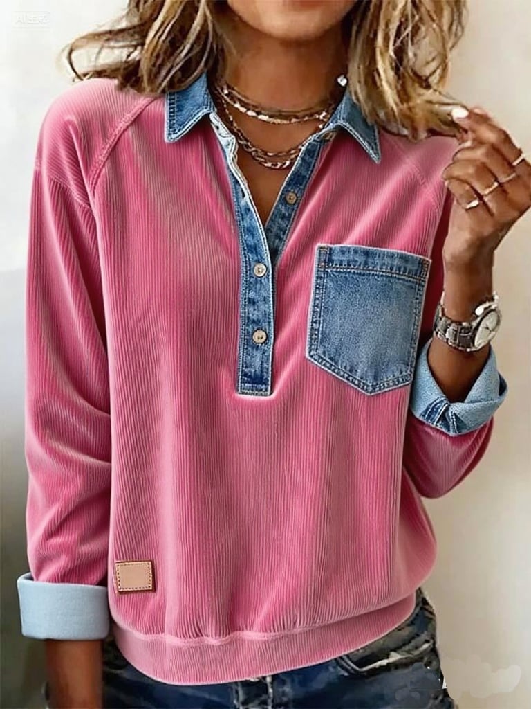 Kuscheliges Cordhemd Winter Damen Oversize Patchwork Rosa