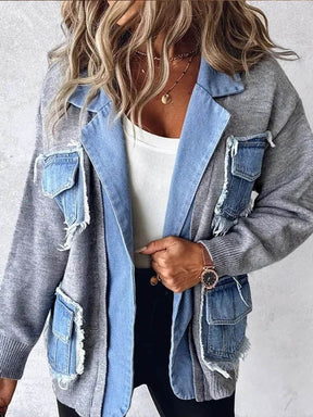 Winter Damen Patchwork Denim Cardigan Jacke kuschelig warm