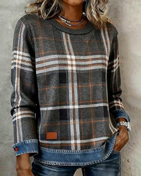 Herbst-Schick: Grau Kariertes Langarmshirt mit Rundhals - Komfort trifft Stil