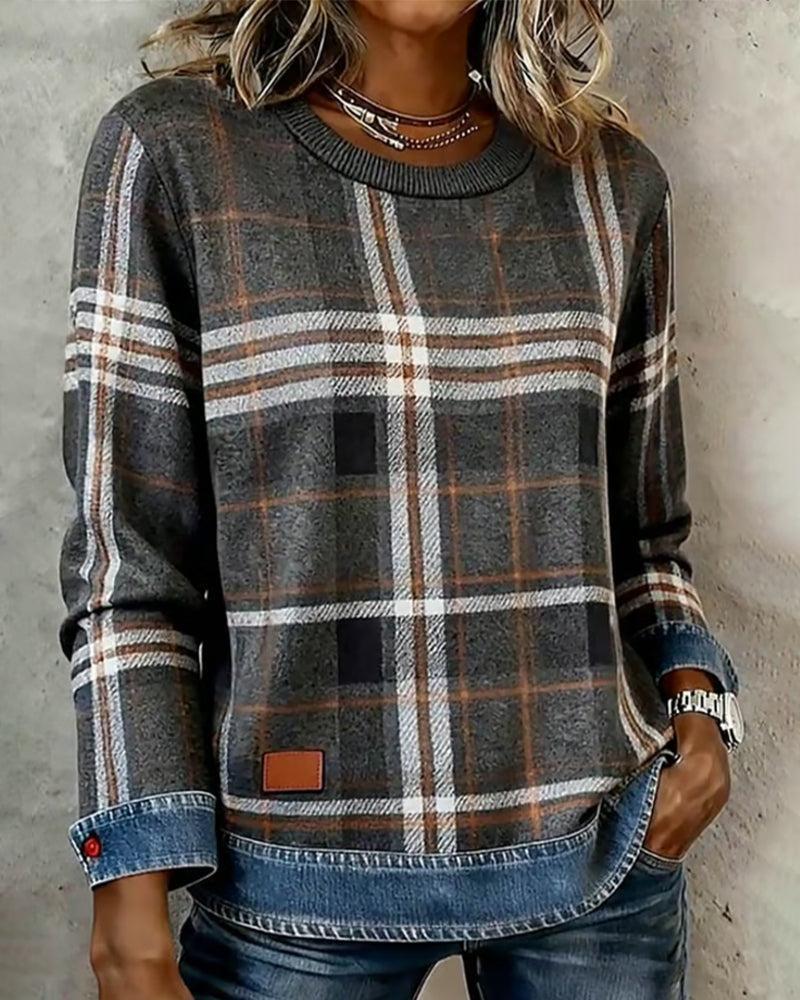 Herbst-Schick: Grau Kariertes Langarmshirt mit Rundhals - Komfort trifft Stil