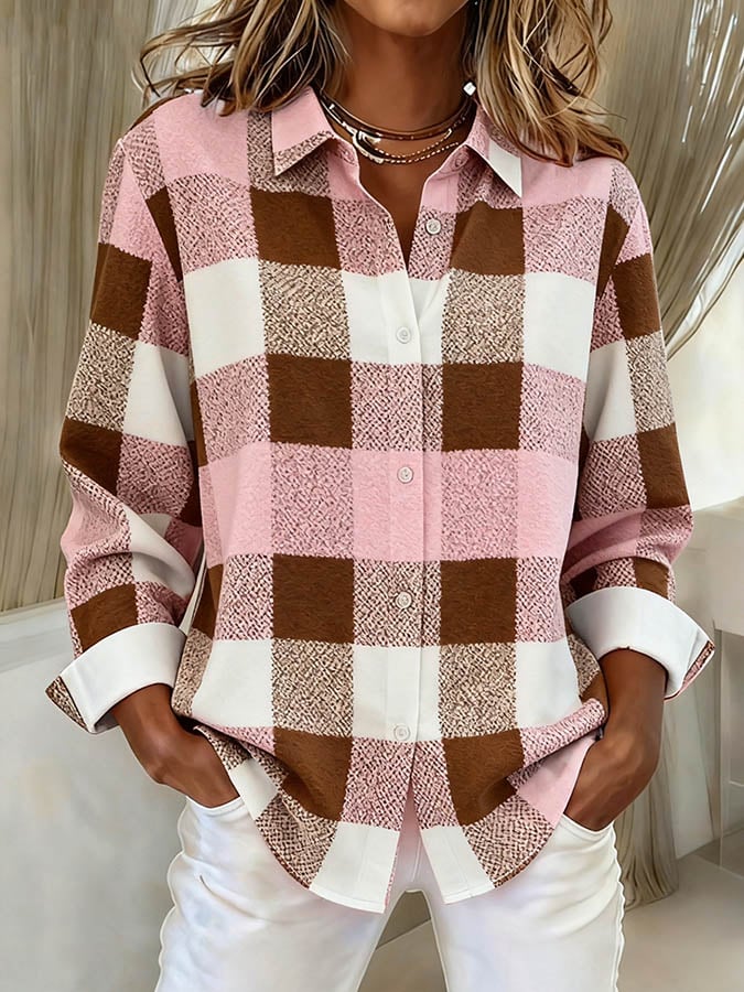 Kuscheliges Karo Winterhemd Rosa Braun Weiß Loose Fit Damen