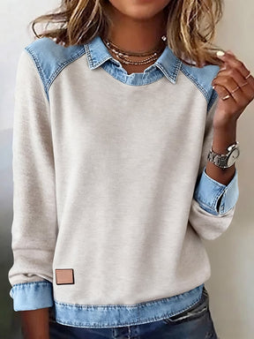 Winter Damen Sweatshirt mit Denim Kragen – kuschelig & stylisch