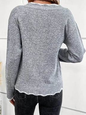 Warmer V-Neck Winter Sweater grau mit Kontrastkanten