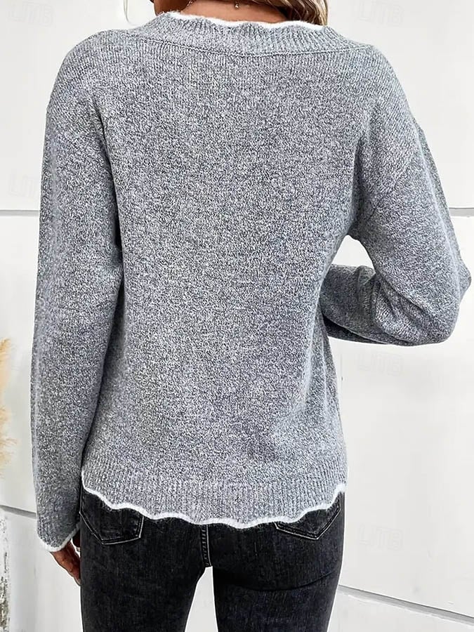 Warmer V-Neck Winter Sweater grau mit Kontrastkanten